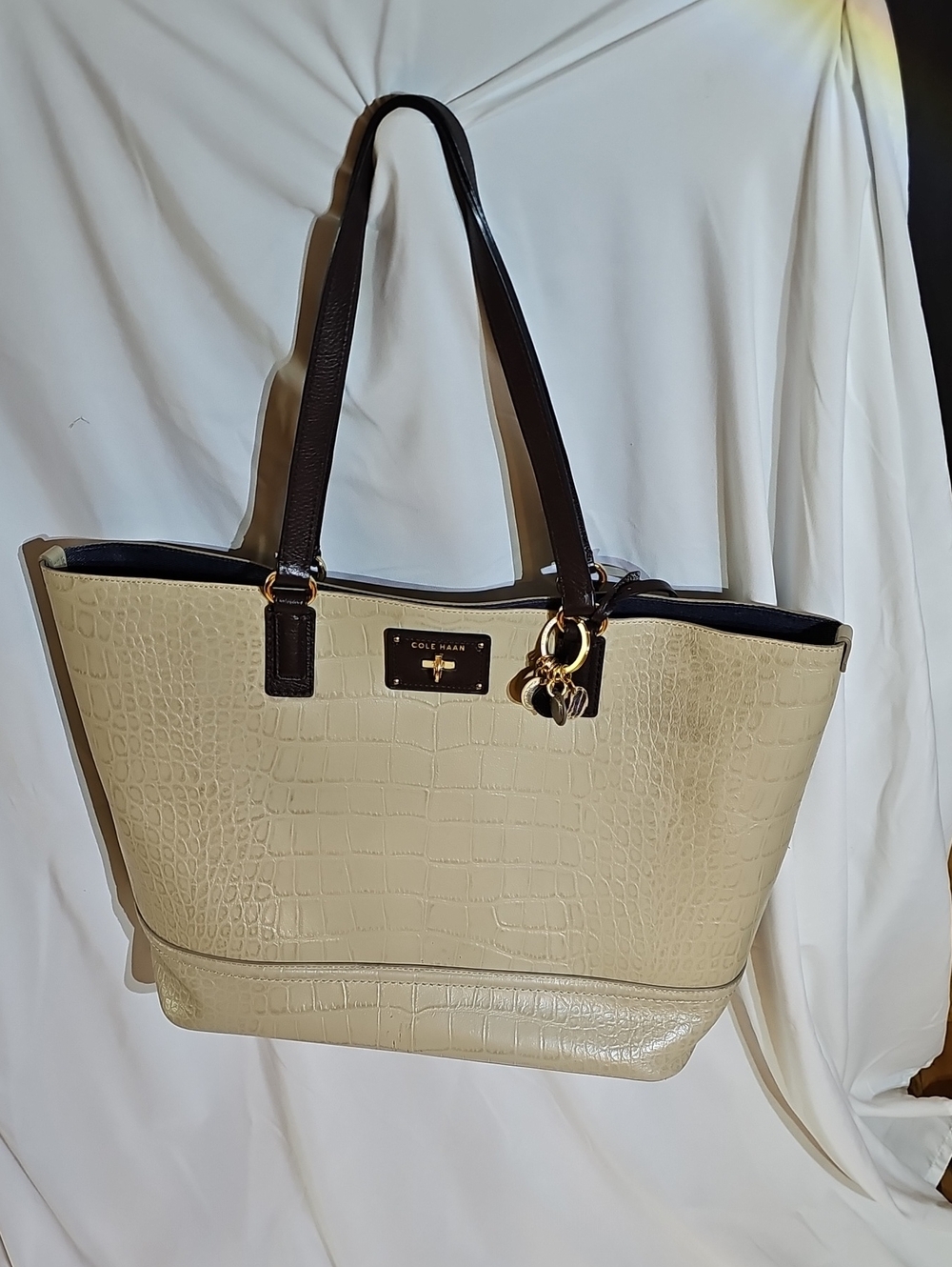 Cole Haan Cream Croc-Embossed Tote with Dark Brown Handles and Gold Accents